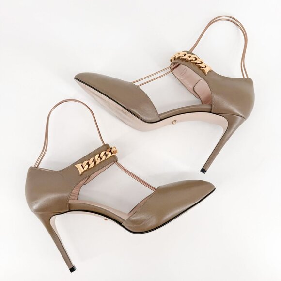 Gucci Sylvie Chain d'Orsay Pumps EU 40 US 10 Tan Leather High Heel Taupe Pointed - Picture 9 of 14